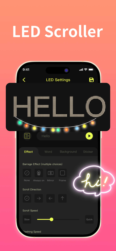 LED Banner-Scroller Text Maker - iPhone interface of the LED Banner app showing customization settings for a scrolling text message that says HELLO