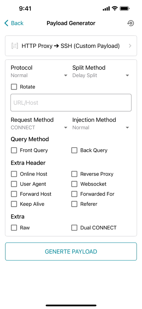 HTTP Injector - HTTP Injector payload generator screen showing configuration options for SSH and custom proxy settings