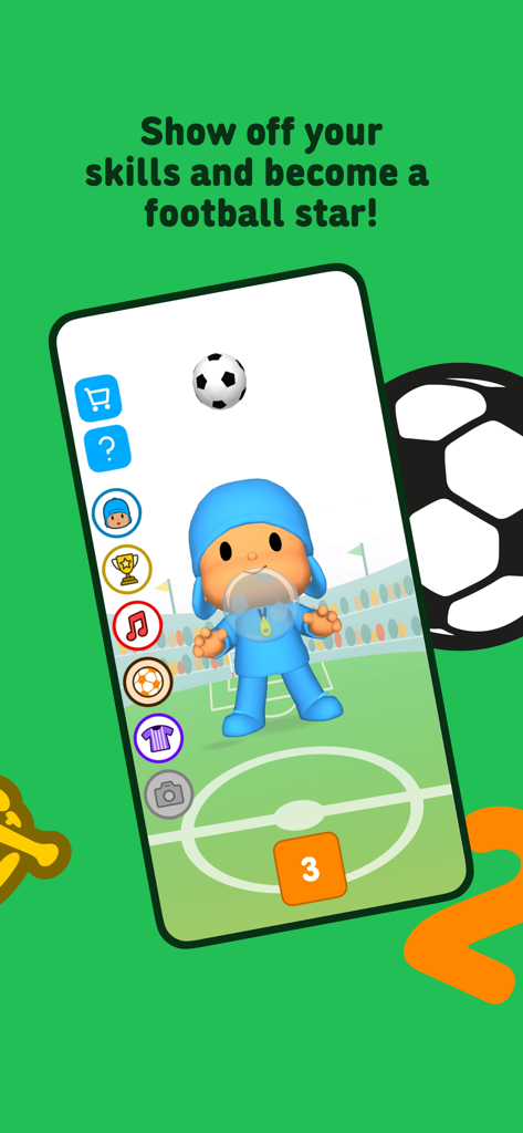 Talking Pocoyo Football - Personaje de Pocoyó haciendo dominadas y mostrando habilidades con el balón en un campo de fútbol
