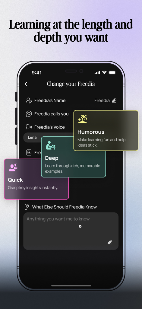 BeFreed app interface showing customization settings for learning depth and AI personality with options for quick deep or humorous styles