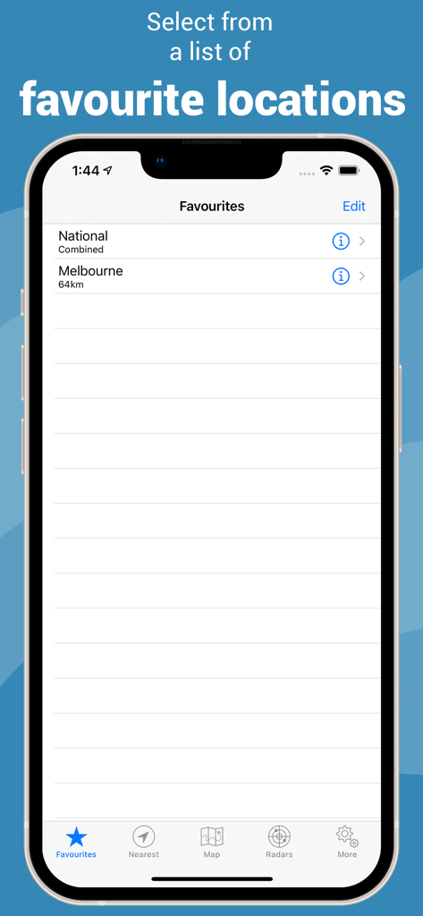 Rain Radar Australia app interface showing a list of favorite radar locations on an iPhone