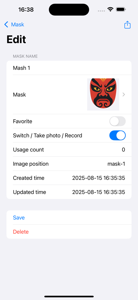 AR Mask – Face Fun & Effects - ARマスクアプリで、名前とプレビューの設定を示すカスタムフェイスマスク編集インターフェース。