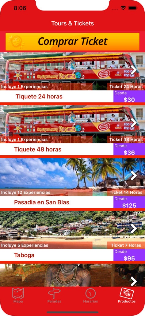 City Sightseeing Panama - City Sightseeing Panama app Tours and Tickets screen showing bus tour and day trip pricing