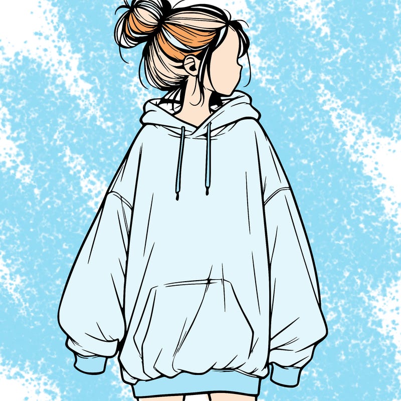 realistic girl with a oversized sweatshirt on and a bun