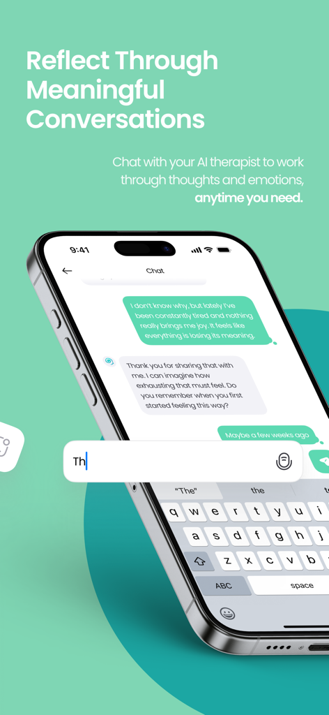 New Me: AI for Self-Awareness - Smartphone displaying a chat conversation between a user and an AI therapist in the New Me app
