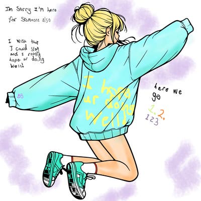 realistic girl jumping with a bun and oversized sweatshirt