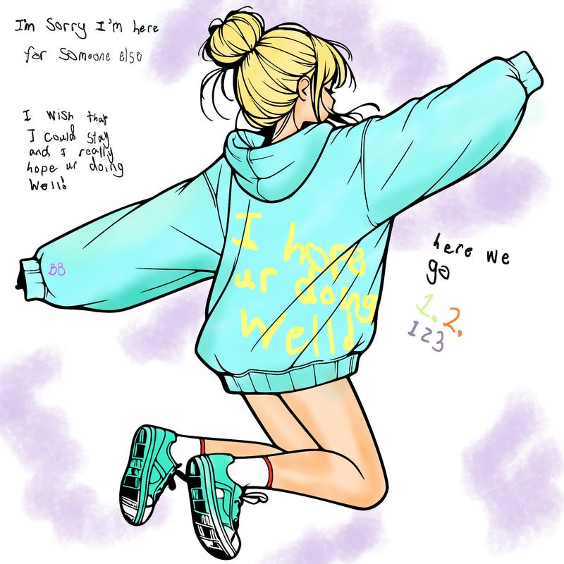 realistic girl jumping with a bun and oversized sweatshirt