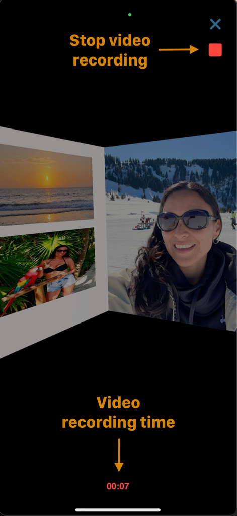 Interfaz de grabación de vídeo de la galería de RA de la aplicación Tandras de una galería de fotos de realidad aumentada