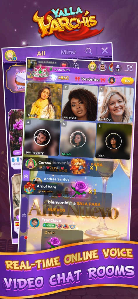 Yalla Parchis - User interface of Yalla Parchis highlighting real-time voice and video chat features