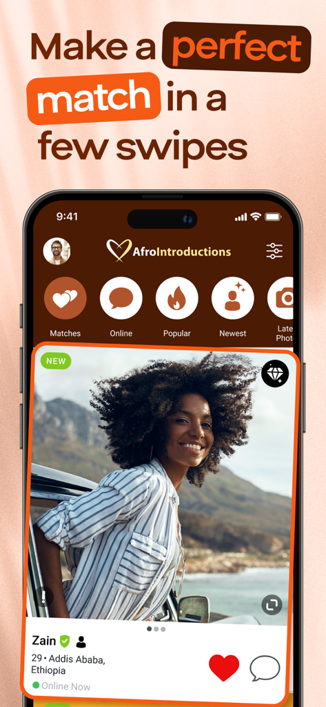 Écran de l'application de rencontres AfroIntroductions montrant le profil d'un utilisateur éthiopien avec des options de navigation