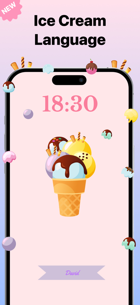Flower Language - Rozy - A personalized iPhone wallpaper created with the Ice Cream Language feature showing a custom ice cream cone and the name David