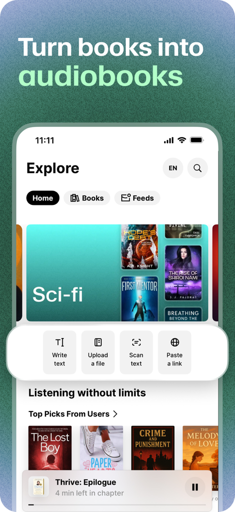 Der Erkundungsbildschirm der ElevenReader-App zeigt verschiedene Buchkategorien und Optionen zum Hochladen von Dateien oder Scannen von Text für KI-Erzählungen an.