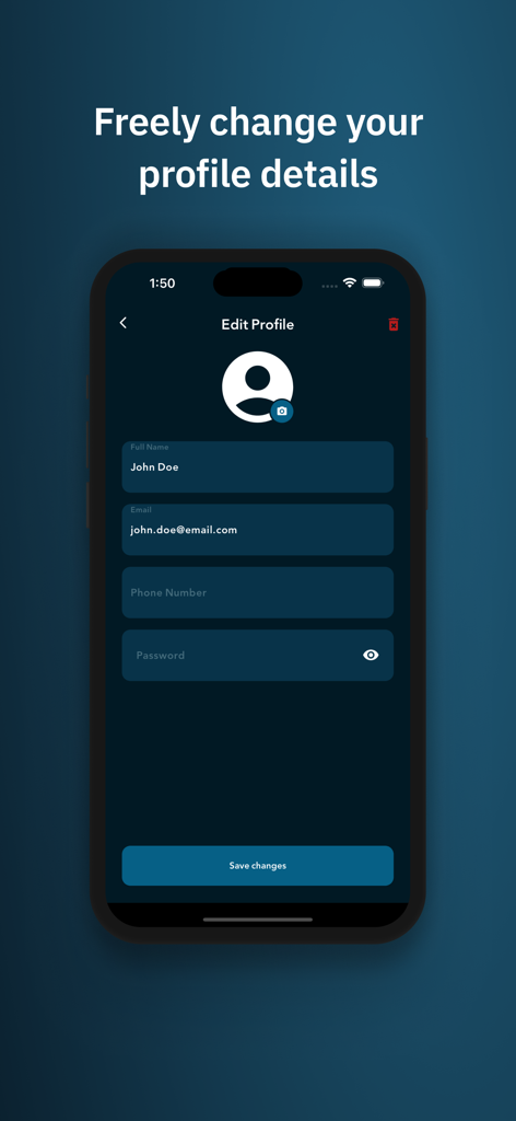 Z Class - The edit profile screen in the Z Class app showing fields for name, email, phone number, and password management.