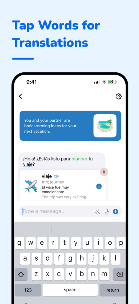 FluentFlow - Captura de pantalla de una aplicación móvil de FluentFlow que muestra una interfaz de chat en español con una ventana emergente de traducción para la palabra viaje.