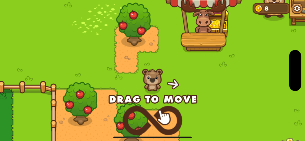 Bear Mart Olly The Paw - Gameplay screenshot of Bear Mart showing Olly the bear and a drag to move tutorial instruction in a green field with apple trees