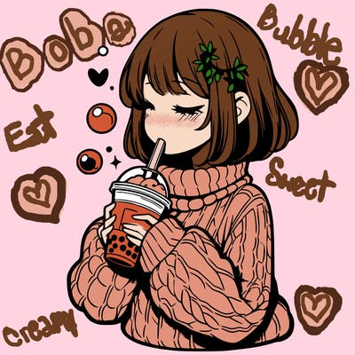 manga girl drinking boba in cozy sweater