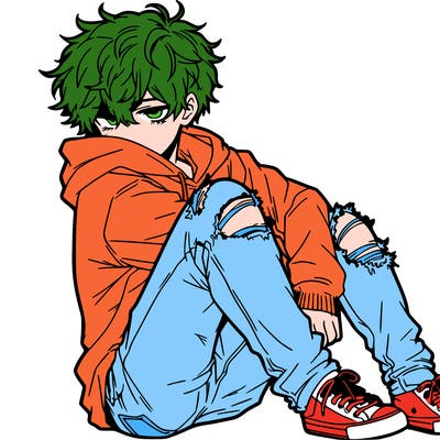 a male hoddie ripped jeans messy hair anime