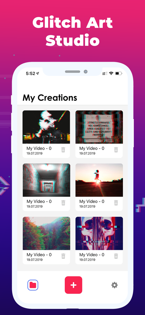 Glitch.Video - The My Creations screen of the Glitch Video app displaying a gallery of user projects with various artistic glitch and vaporwave effects.