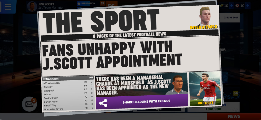 First Team Manager Season 2026 - An in-game newspaper headline from First Team Manager 2026 announcing a new manager appointment and fan reaction