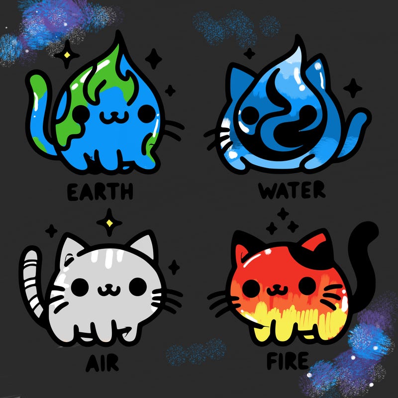4 cats that represent the different elements, earth, water, air, and fire