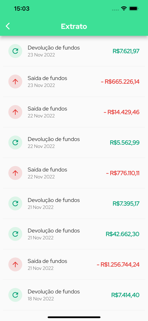 Parcele Já - Conta digital - Tela de extrato de transações no aplicativo da conta digital Parcele Ja mostrando o histórico da conta