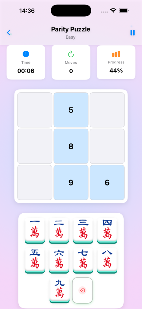 Gameplay screen of Parity Puzzle showing a numerical grid with mahjong style number tiles for a logic challenge