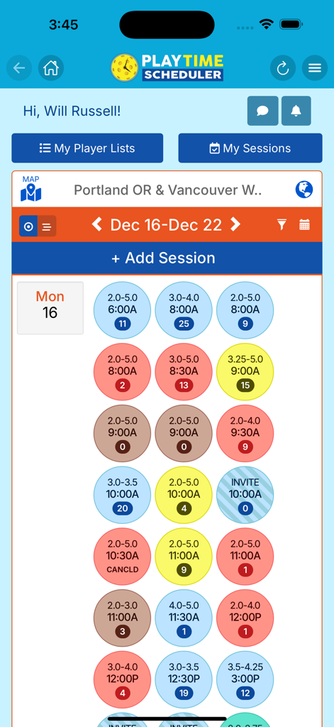 PlayTime Scheduler - PlayTime Scheduler app screen showing a weekly calendar of pickleball sessions with skill levels and times.