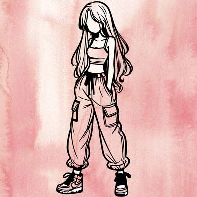 girl in baggy pants crop top and long hair