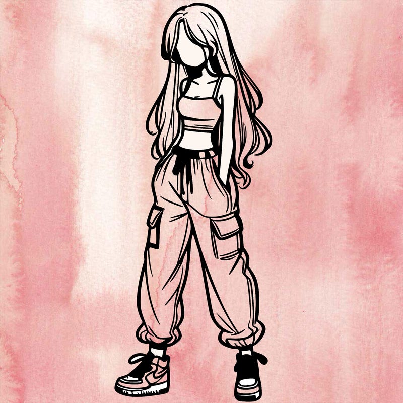 girl in baggy pants crop top and long hair