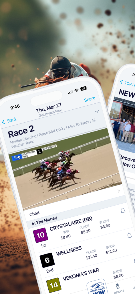 Pantalla de la aplicación móvil HorseRacesNow mostrando resultados de carreras y pagos de caballos ganadores en Gulfstream Park