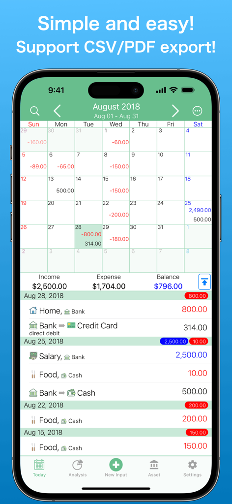 Calendar interface of the Moneysave app showing monthly income and expenditure tracking