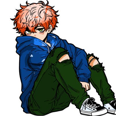a male hoddie ripped jeans messy hair anime