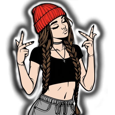 realistic teenage girl with braids and a beanie and crop top doing 🫶🏼