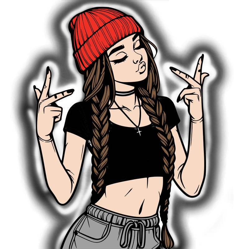 realistic teenage girl with braids and a beanie and crop top doing 🫶🏼