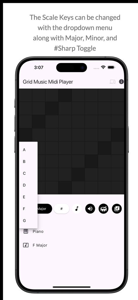 Grid Music Midi Player - Interface do aplicativo Grid Music Midi Player mostrando o menu suspenso de seleção de tecla de escala