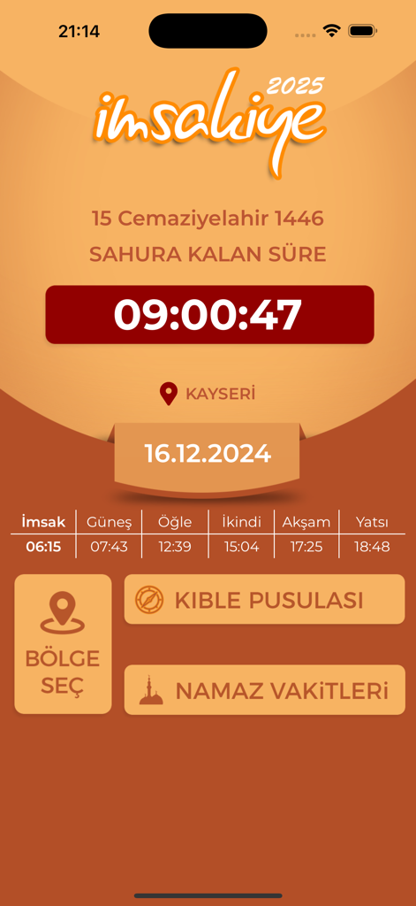 İmsakiye - 2026 - Screenshot of the Imsakiye app showing a countdown for Sahur and daily prayer times for Kayseri