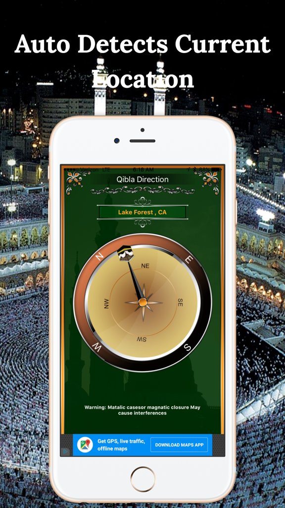 Interfaccia dell'app Bussola Qibla che mostra il rilevamento automatico della posizione e la direzione verso la Mecca.