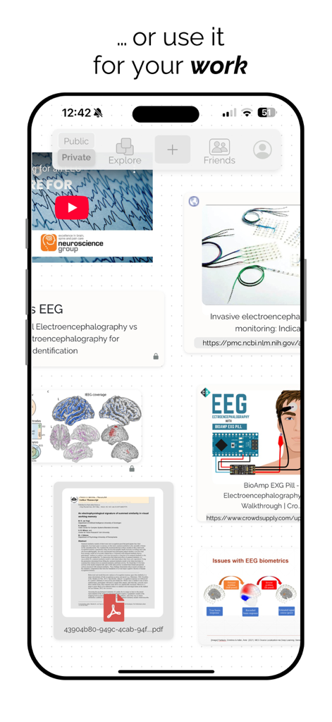 Showcase Co. - A mobile app interface from Showcase Co. showing a curated research board for work with medical images and files