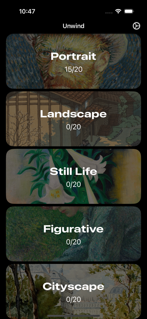 Art Puzzle: Unwind - Selection menu showing various art puzzle categories like Portrait and Landscape