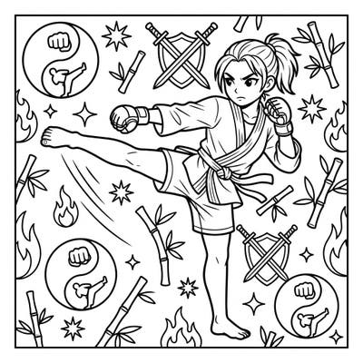 Ignite your child's imagination with this exciting mixed martial artist coloring page, perfect for aspiring fighters and creative minds. Featuring a powerful female athlete in action, surrounded by cool martial arts symbols.