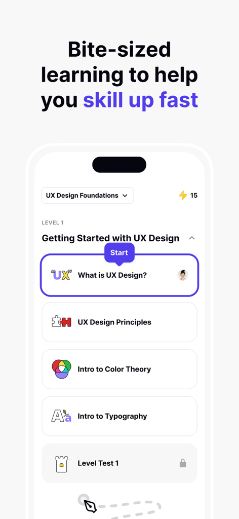 Uxcel: Learn UX design, PM, AI - Interfaccia dell'app Uxcel che mostra corsi di base di UX design in formato breve e moduli di lezione