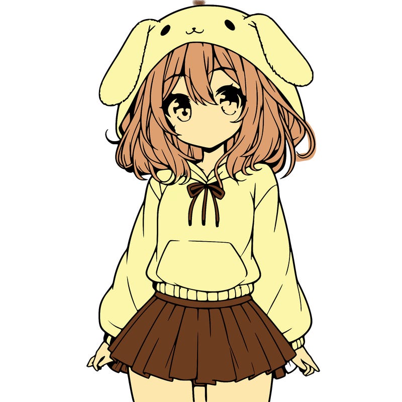 pretty anime girl wearing a fluffy hoodie with bunny ears on the hood and a skirt