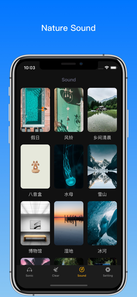 Interface of the Sonic Master app showing various ambient nature sound options like forest wind and snowy mountains
