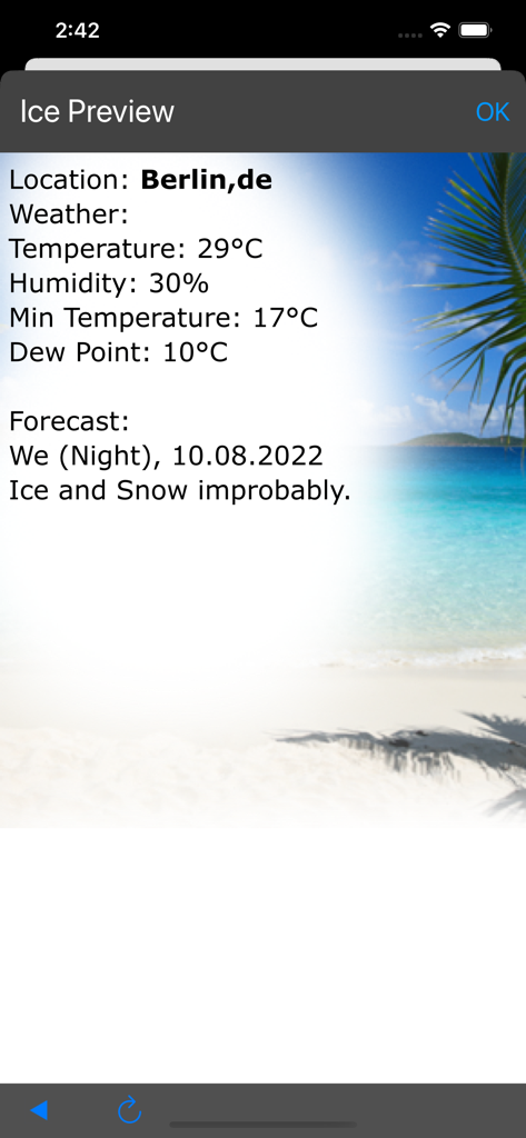 Weather details and ice probability preview screen for Berlin.