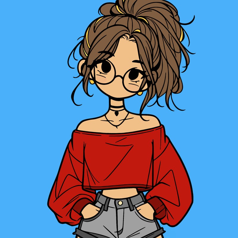 girl with a messy ponytail glasses a baggy crop top and jean shorts