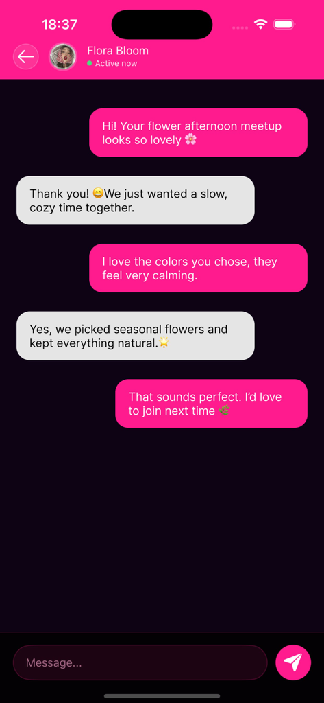 A chat screen within the Toema app showing a conversation between flower enthusiasts about a seasonal floral meetup.