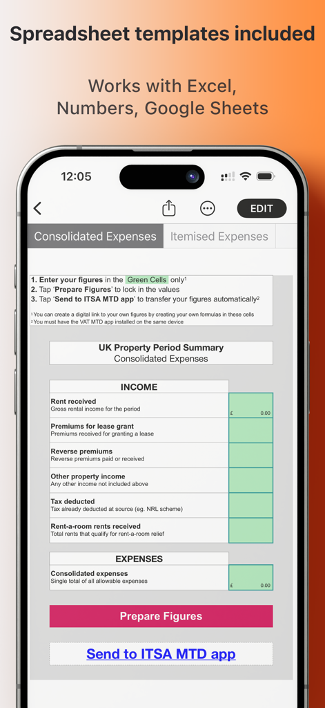 Modelo de planilha para resumo de receitas e despesas de propriedades no Reino Unido no aplicativo Making Tax Digital.