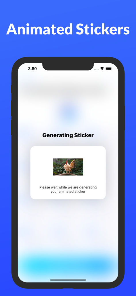 Interface of the Sticker Maker app showing a loading screen while generating an animated rooster sticker