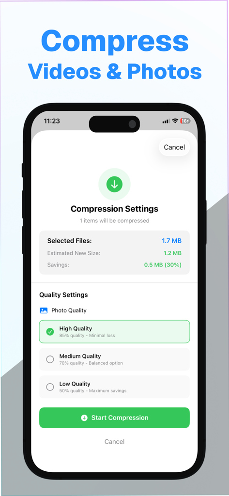 Storage Cleaner - iCleanup - Storage Cleaner iCleanup app screen showing video and photo compression settings with quality options