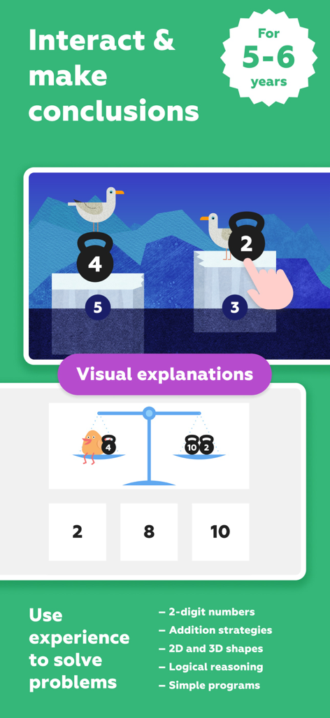 Interface de aplicativo de matemática educacional para crianças de 5 a 6 anos com quebra-cabeças interativos de raciocínio lógico e explicações visuais de balança de peso